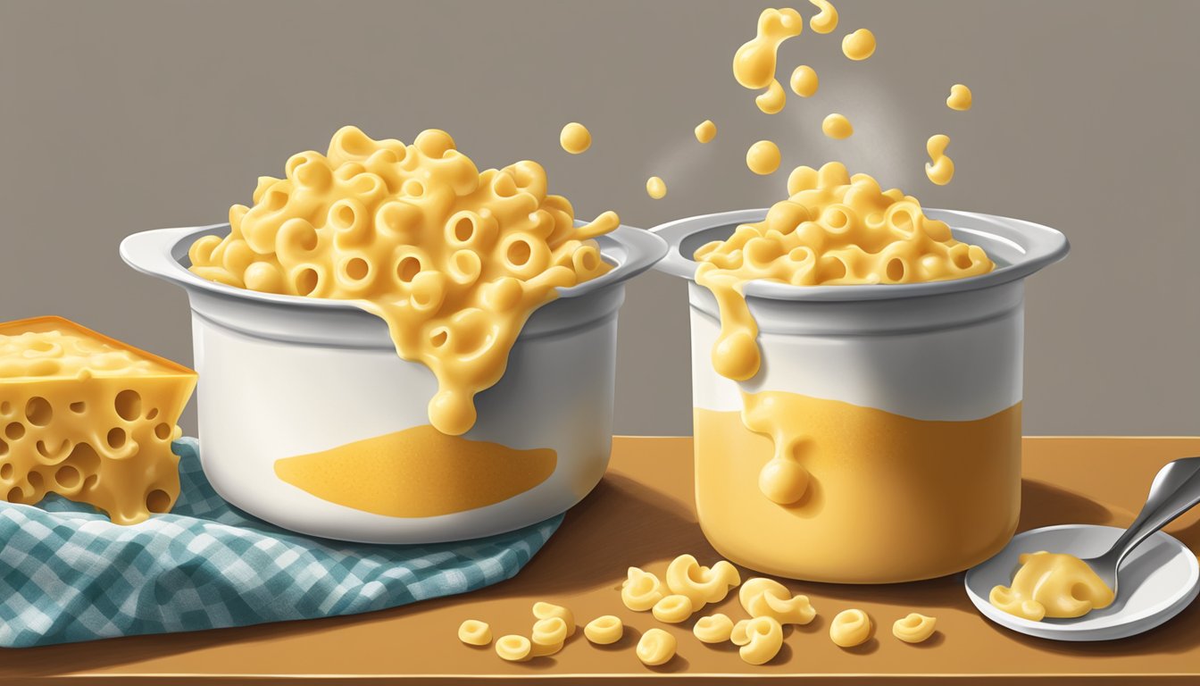 A bubbling pot of creamy mac and cheese with a rich, velvety texture. A dollop of melted Velveeta cheese adds a finishing touch