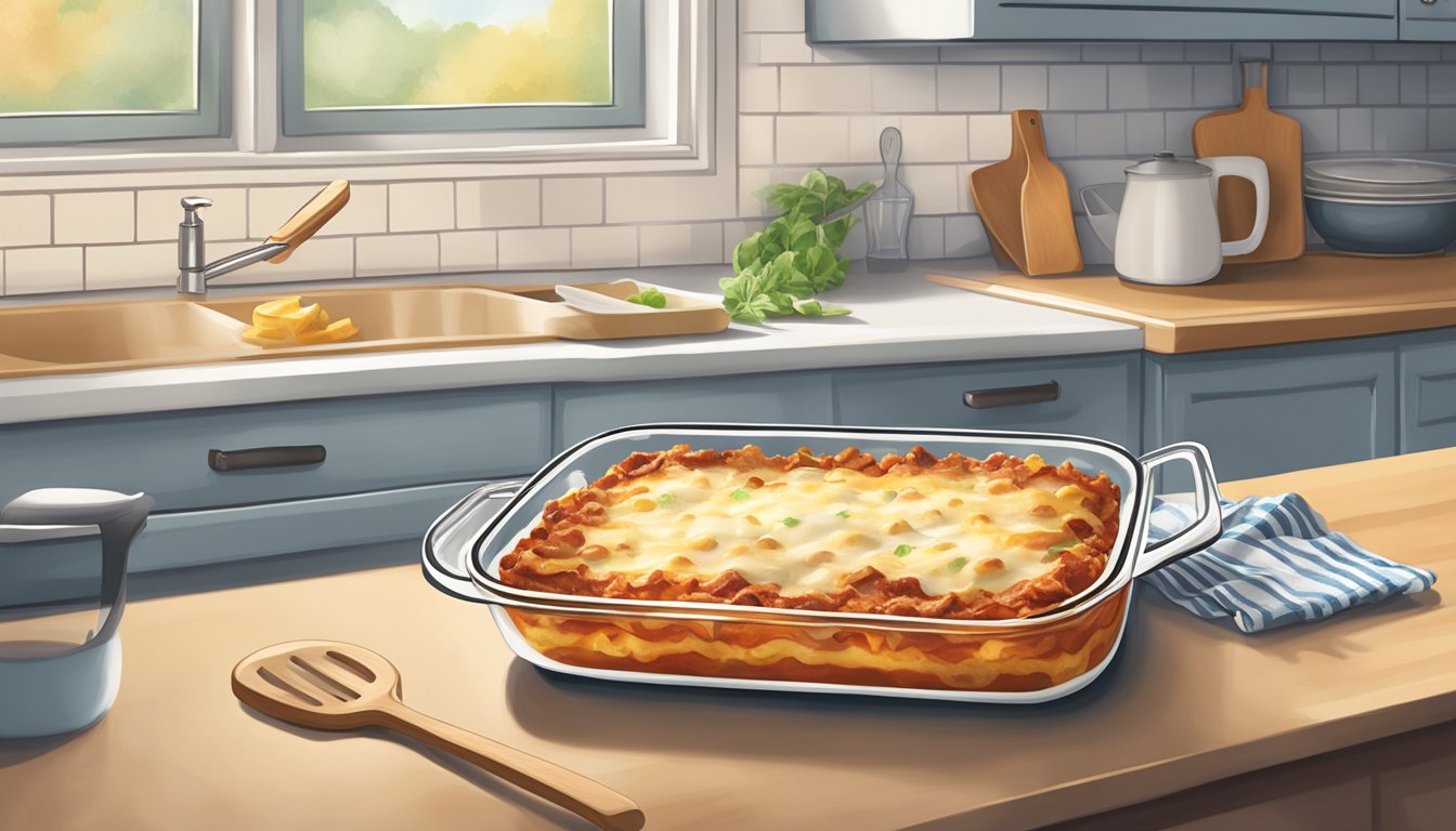 A kitchen counter with a freshly baked Stouffer's lasagna next to a serving spatula and steam rising from the dish