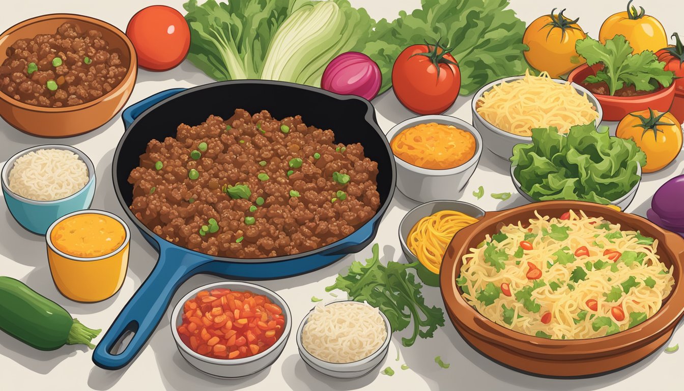 A sizzling skillet of ground beef and onions, sprinkled with Ortega taco seasoning, surrounded by colorful bowls of fresh ingredients like tomatoes, lettuce, and shredded cheese