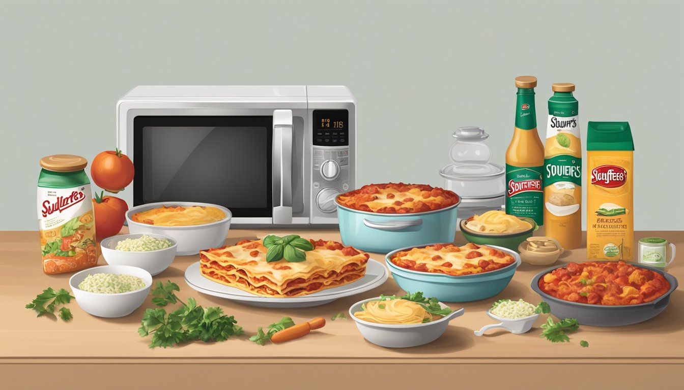 A kitchen counter with a box of Stouffer's lasagna, a microwave, an oven, and various cooking utensils and ingredients scattered around