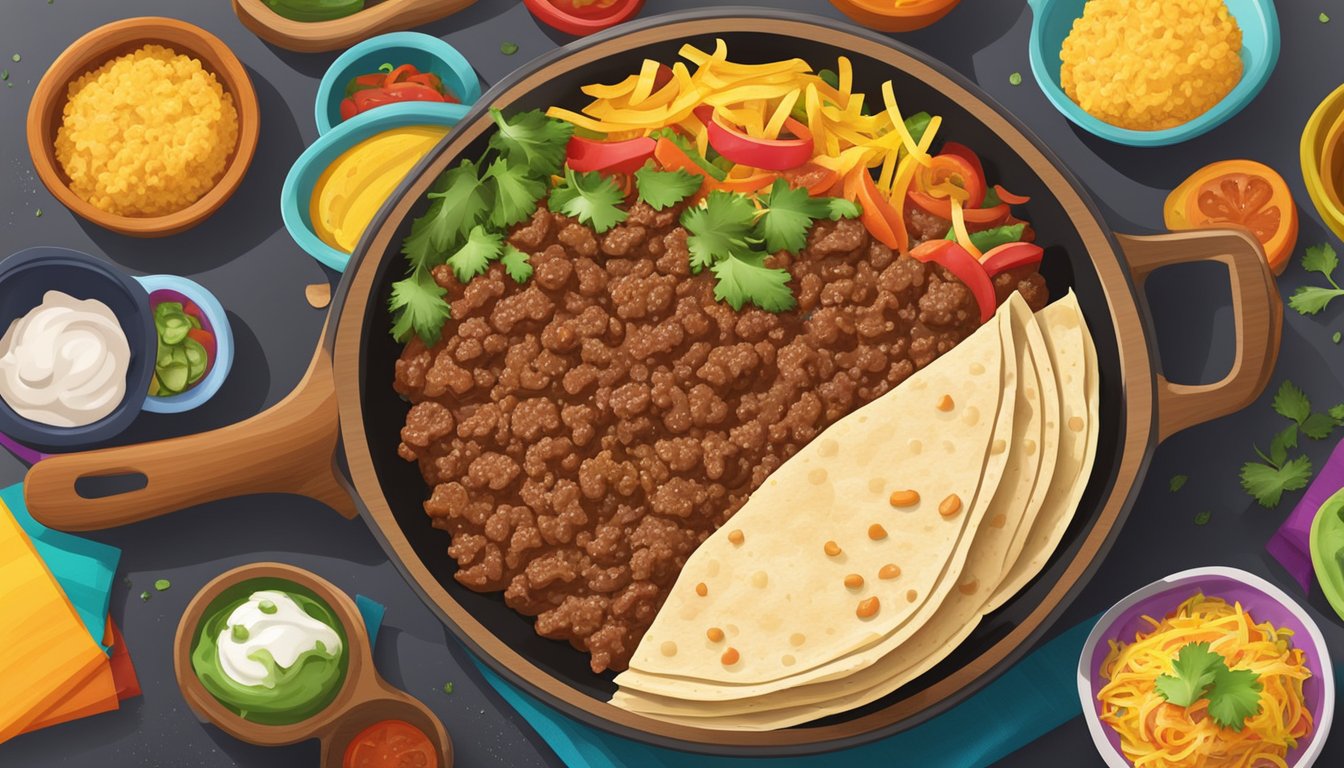 A sizzling skillet of seasoned ground beef, surrounded by colorful bowls of fresh toppings and warm tortillas