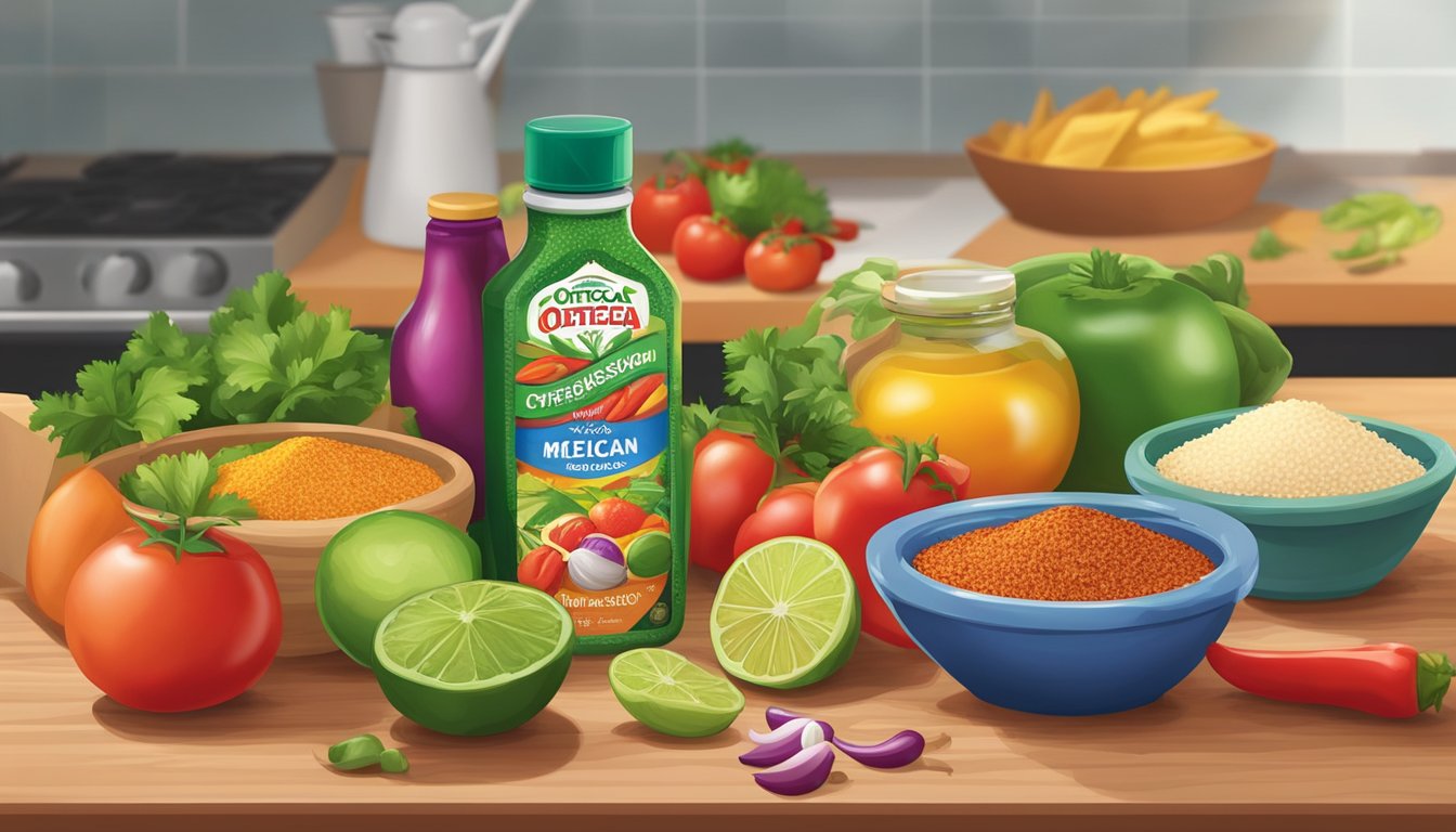 A colorful kitchen counter with a variety of fresh ingredients and a packet of Ortega taco seasoning, ready to be used for cooking authentic Mexican meals