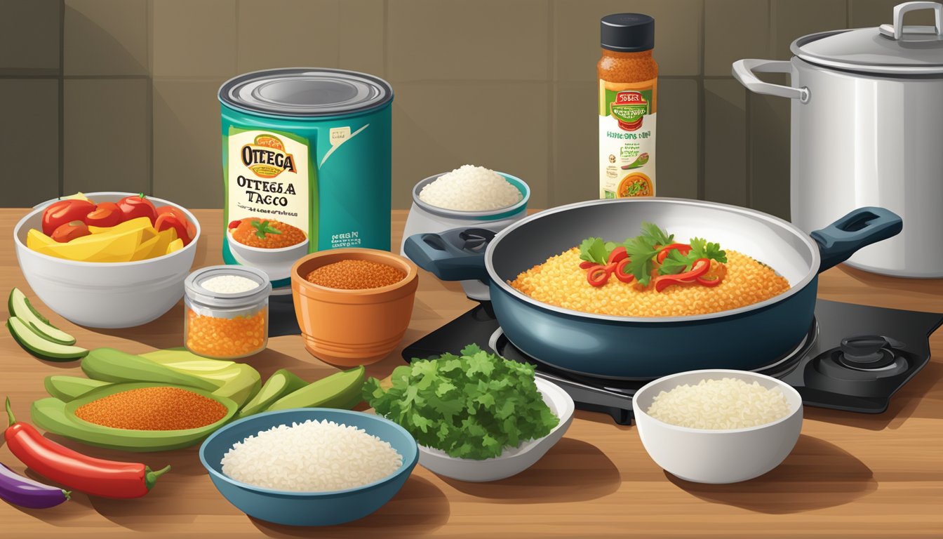 A kitchen counter with various fresh ingredients and a packet of Ortega taco seasoning, a stovetop with a sizzling pan, and a steaming pot of rice