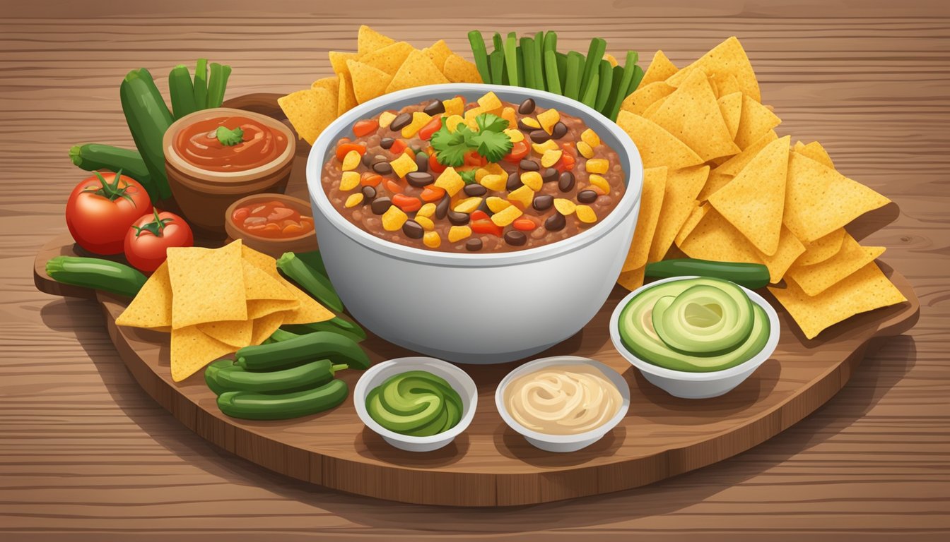 A bowl of Fritos bean dip surrounded by tortilla chips, salsa, and sliced vegetables on a wooden serving board