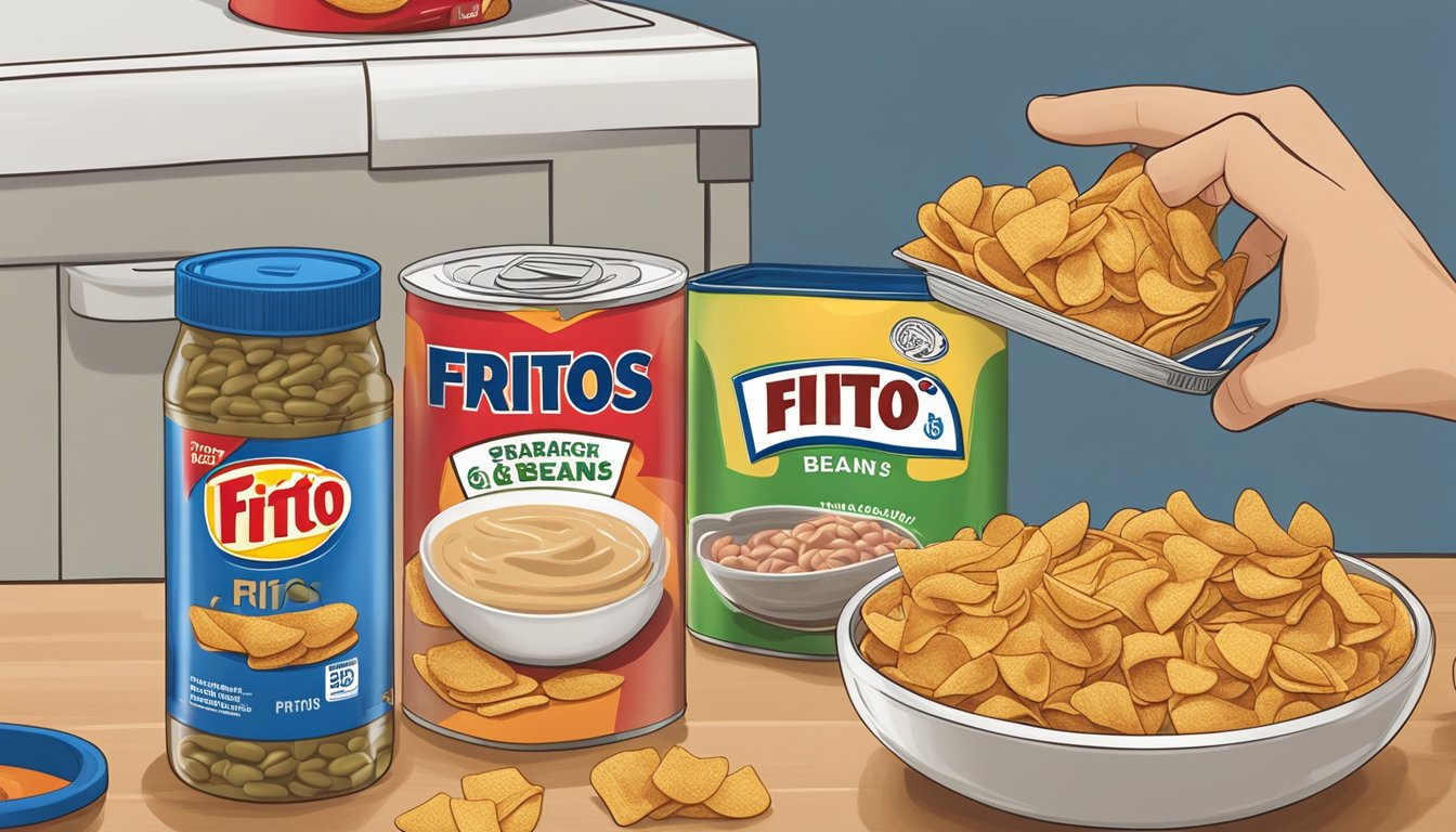 A bowl of Fritos bean dip sits next to a stack of storage containers, with a hand reaching for a lid. On the counter, a bag of Fritos and a can of beans are visible