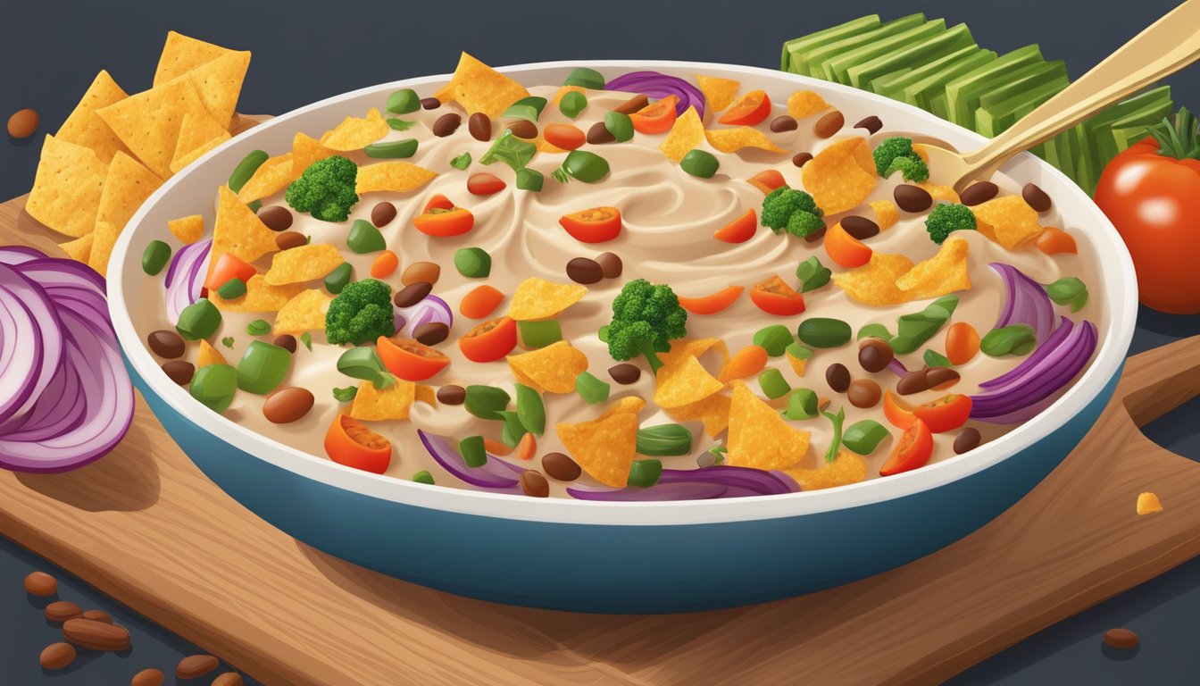 A bowl of Fritos bean dip surrounded by colorful vegetable scraps, a variety of spices, and a mixing spoon on a wooden cutting board