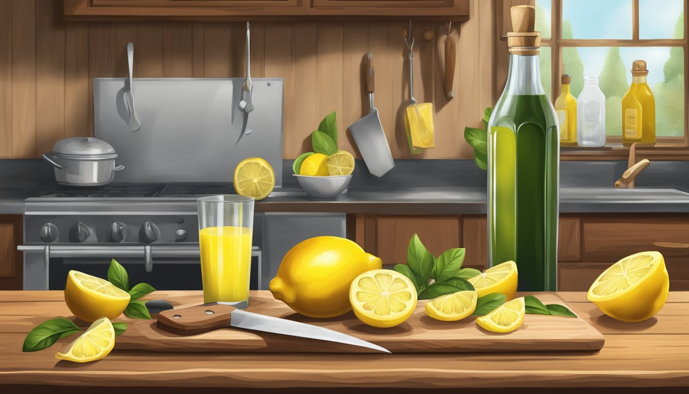 A rustic kitchen with a cutting board, fresh lemons, and a bottle of Italian Volcano Lemon Juice. A chef's knife and a bowl of zest add to the scene