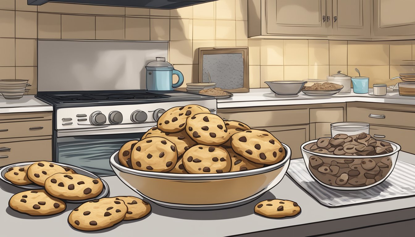 A kitchen counter with a mixing bowl, measuring cups, and a bag of Nestlé Toll House chocolate chips. A tray of freshly baked cookies sits nearby