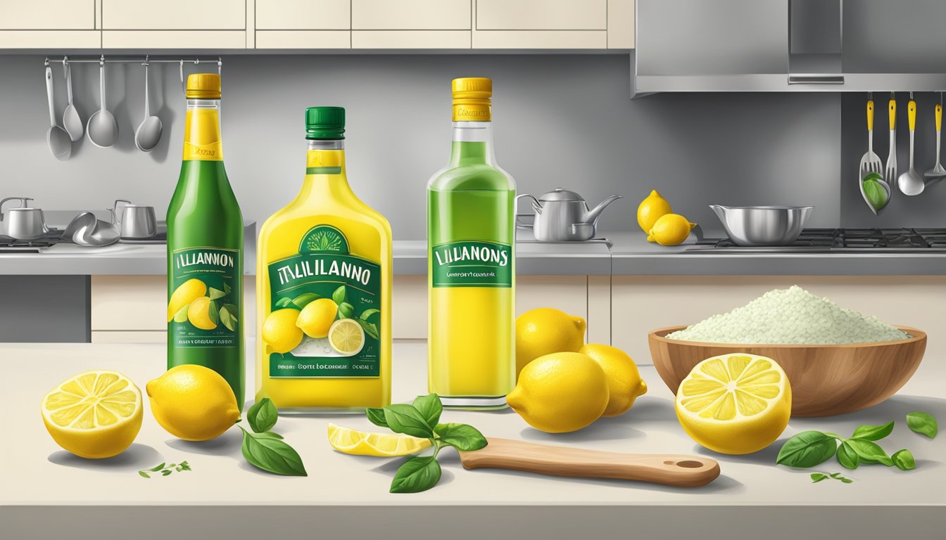 A vibrant kitchen counter with a bottle of Italian Volcano Lemon Juice surrounded by fresh lemons, herbs, and cooking utensils