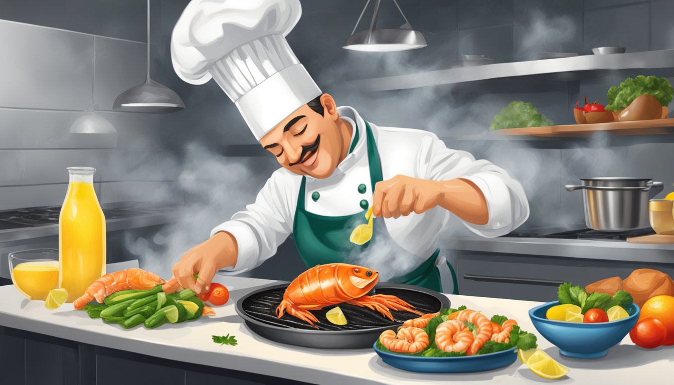 A chef squeezing Italian Volcano Lemon Juice onto a sizzling hot pan of seafood and vegetables