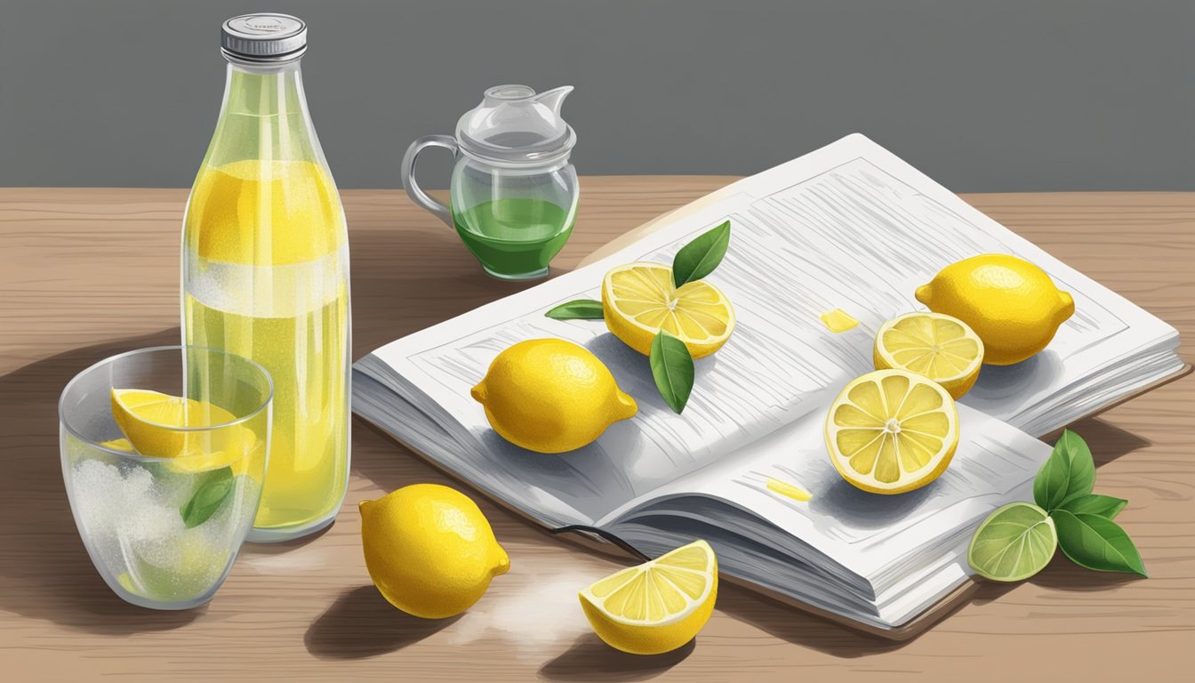 A kitchen counter with a bottle of Italian Volcano Lemon Juice, a bowl of fresh lemons, and a recipe book open to a page on cooking with lemon juice