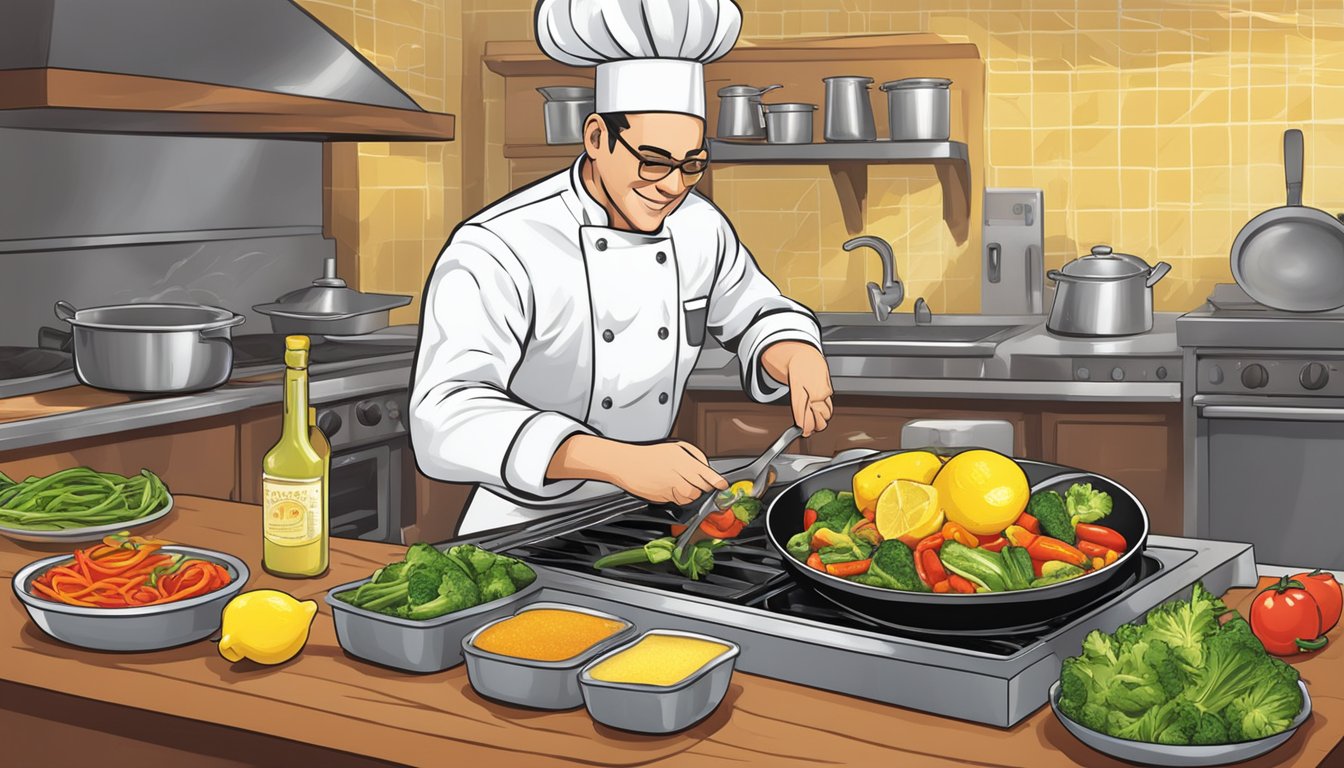 A chef pouring Italian Volcano Lemon Juice into a sizzling pan of sautéed vegetables