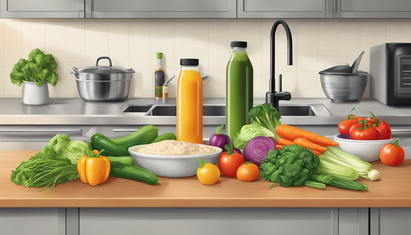 A vibrant kitchen counter with a variety of fresh vegetables, a bottle of Wish-Bone salad dressing, and a mixing bowl