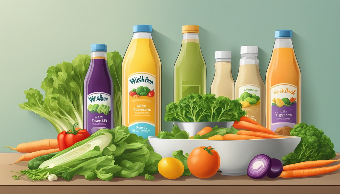 A colorful array of fresh vegetables and a bottle of Wish Bone salad dressing on a kitchen counter