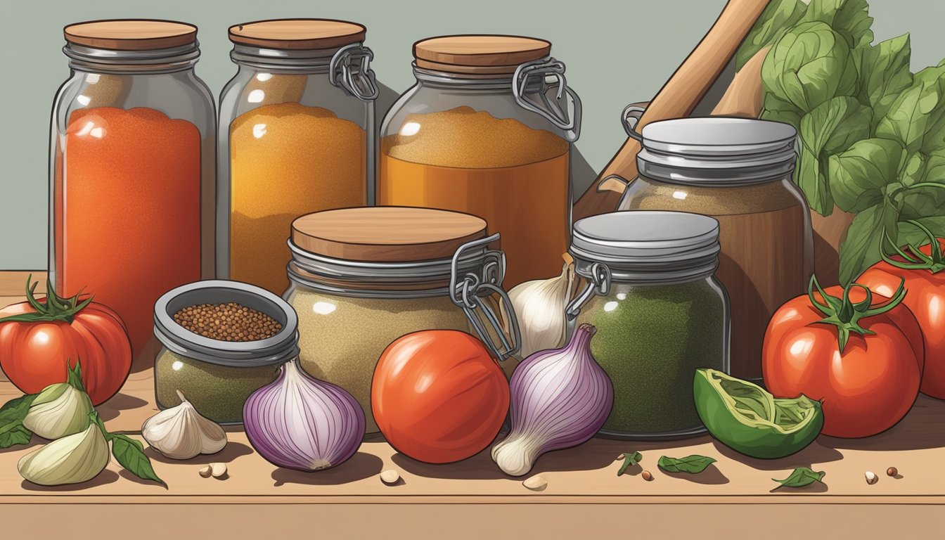 A kitchen counter with jars of spices, a pot, and a wooden spoon, surrounded by fresh tomatoes, onions, and garlic