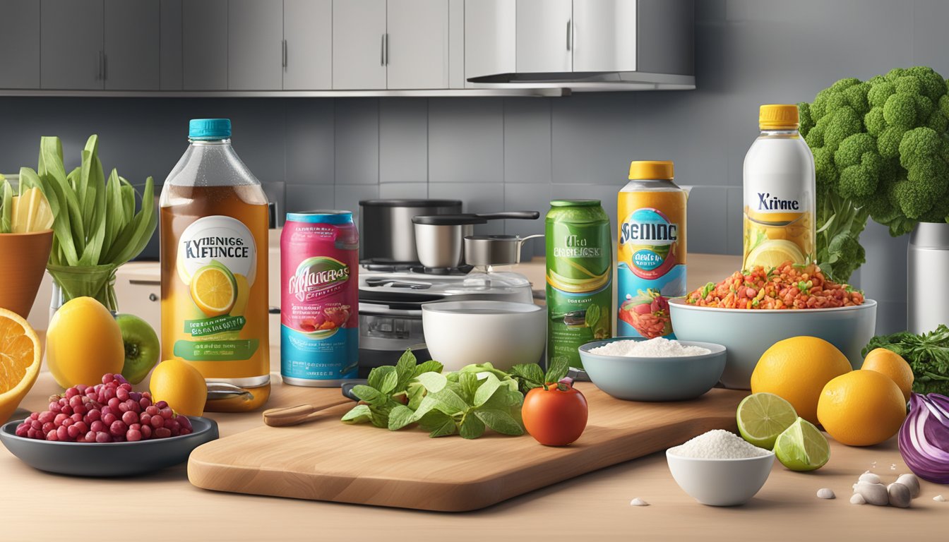 A kitchen counter with various cooking ingredients and utensils, including Xyience Energy Drinks being used to create a recipe