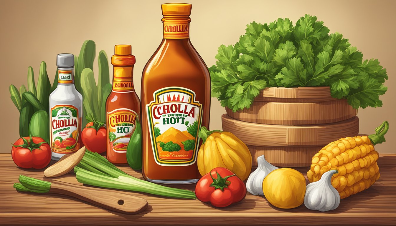 A bottle of Cholula Hot Sauce surrounded by fresh ingredients and cooking utensils on a wooden countertop