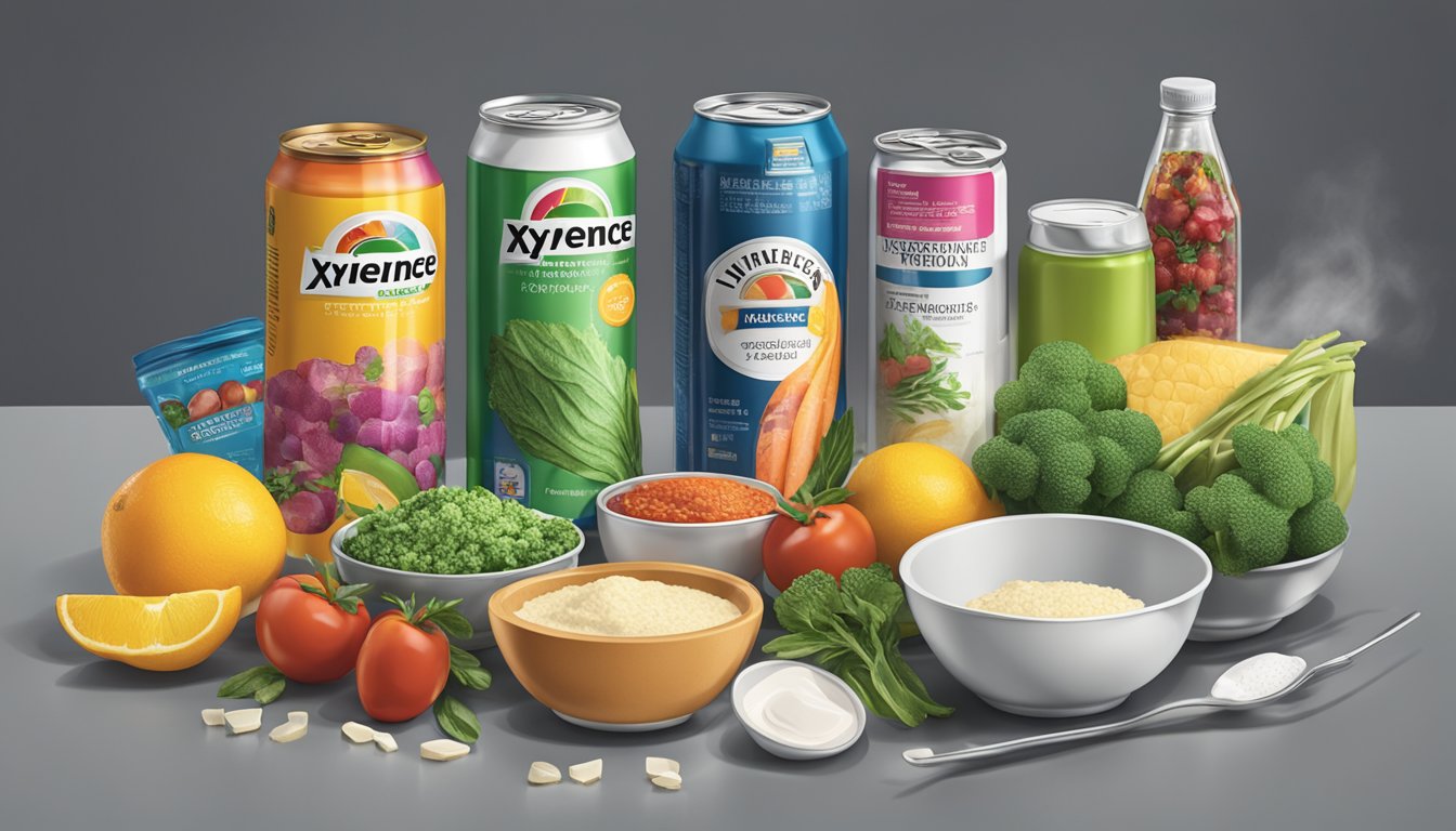 A kitchen counter with various cooking ingredients and utensils, including a can of Xyience energy drink being used in a recipe