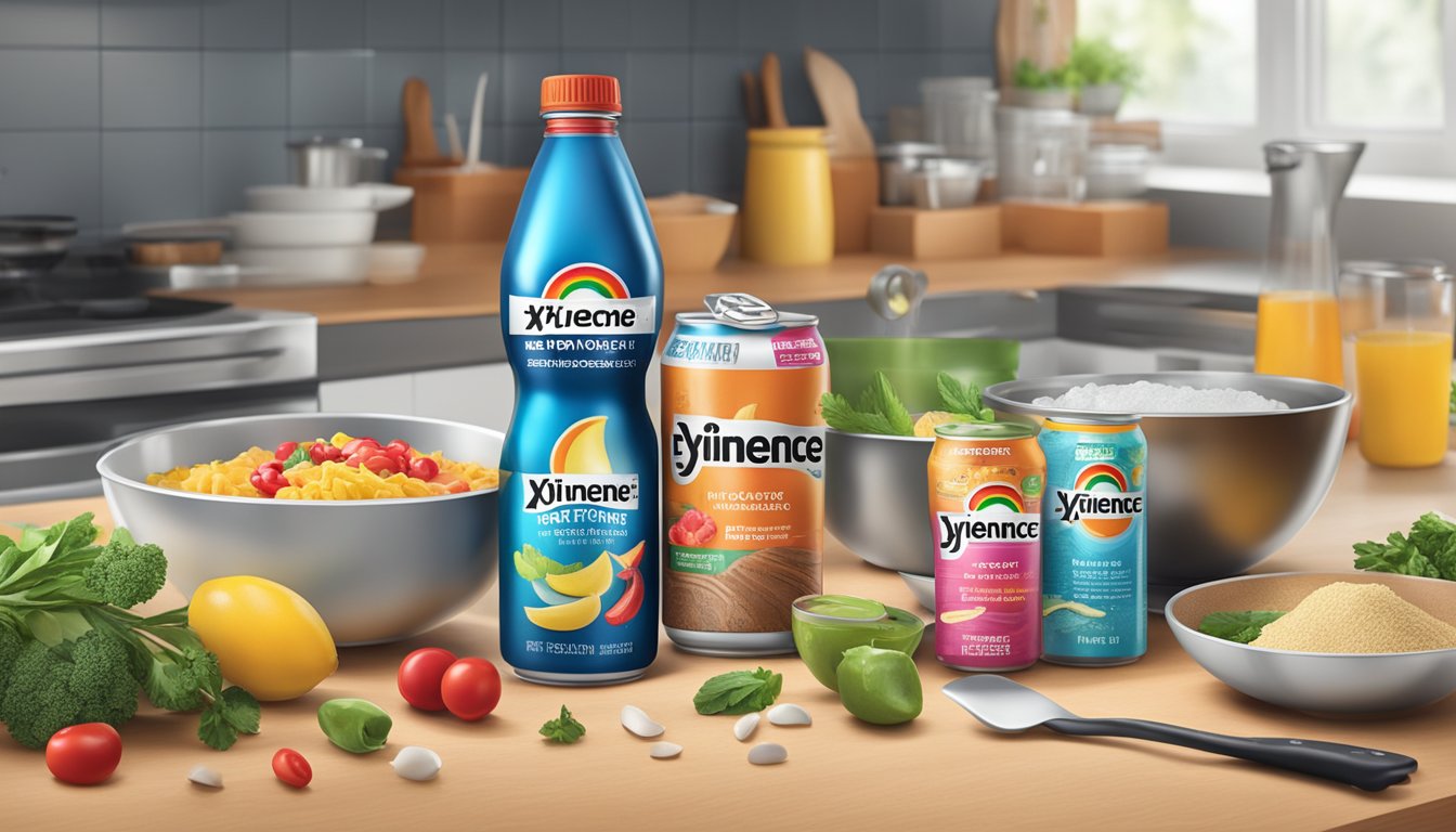 A kitchen counter with various ingredients and cooking tools, a can of Xyience energy drink being poured into a mixing bowl