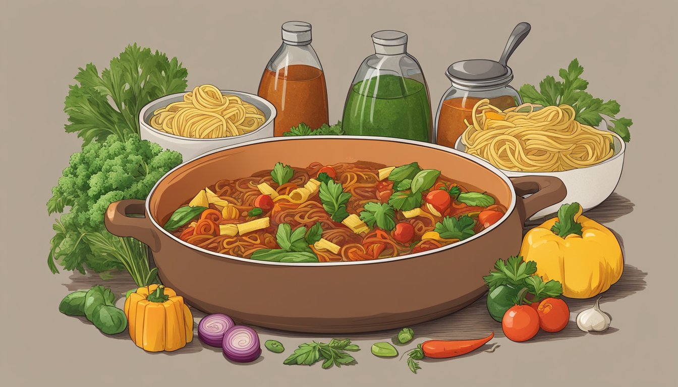 A pot of simmering Ragu sauce with a variety of colorful vegetables and herbs scattered around, alongside a bowl of freshly cooked pasta