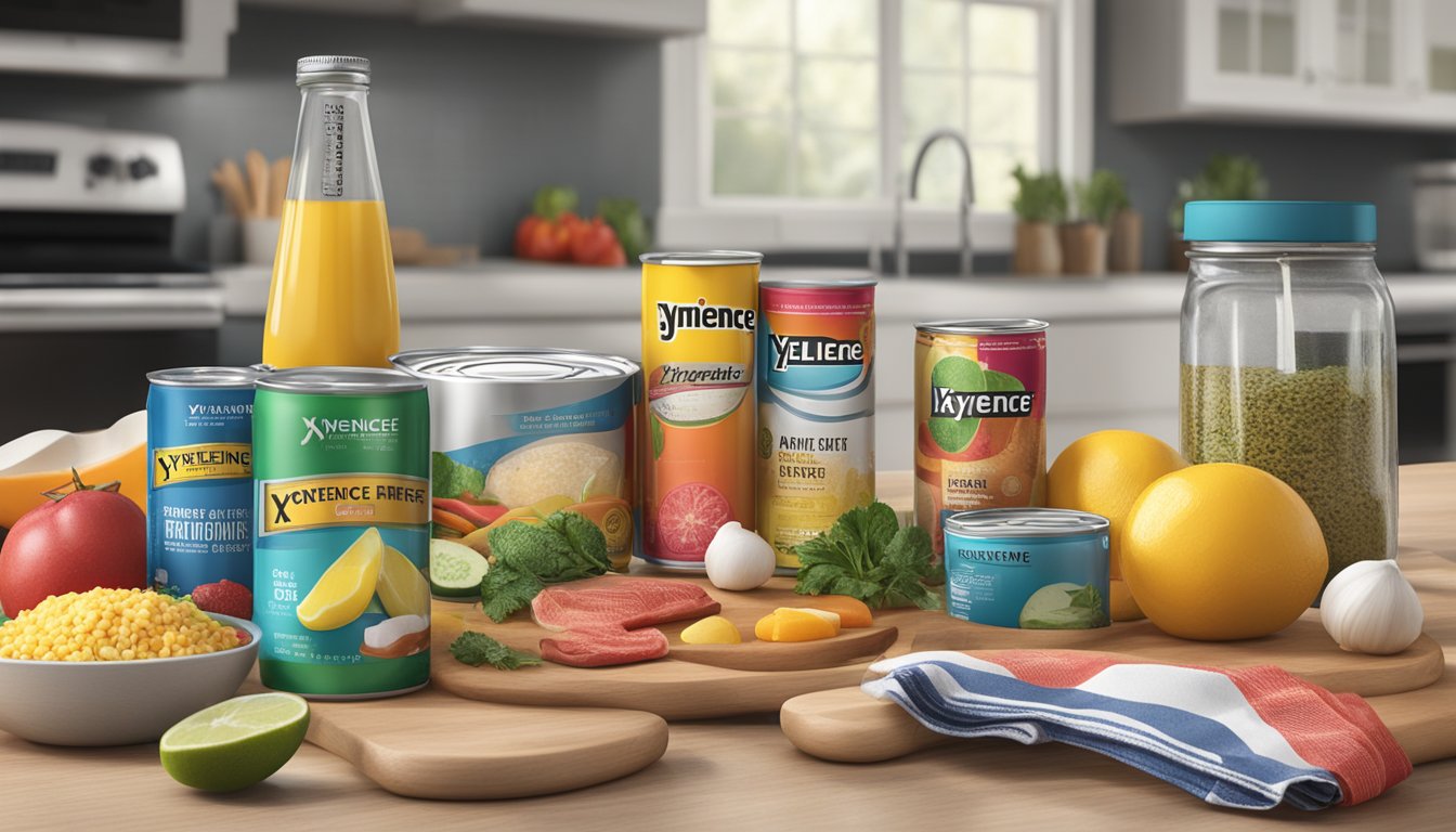 A kitchen counter with various cooking ingredients and utensils, a can of Xyience energy drink being incorporated into a recipe