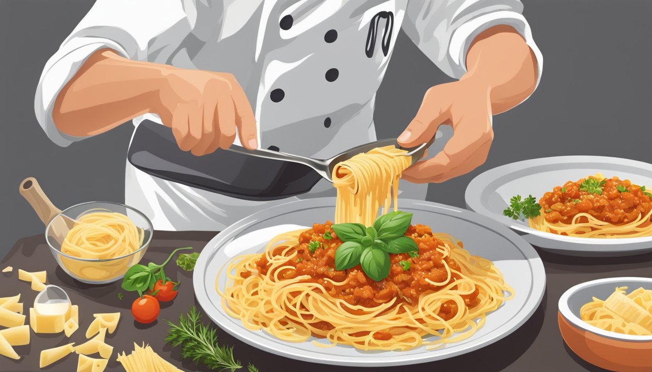 A chef drizzling Ragu sauce over a plate of pasta, garnishing with fresh herbs and grated cheese