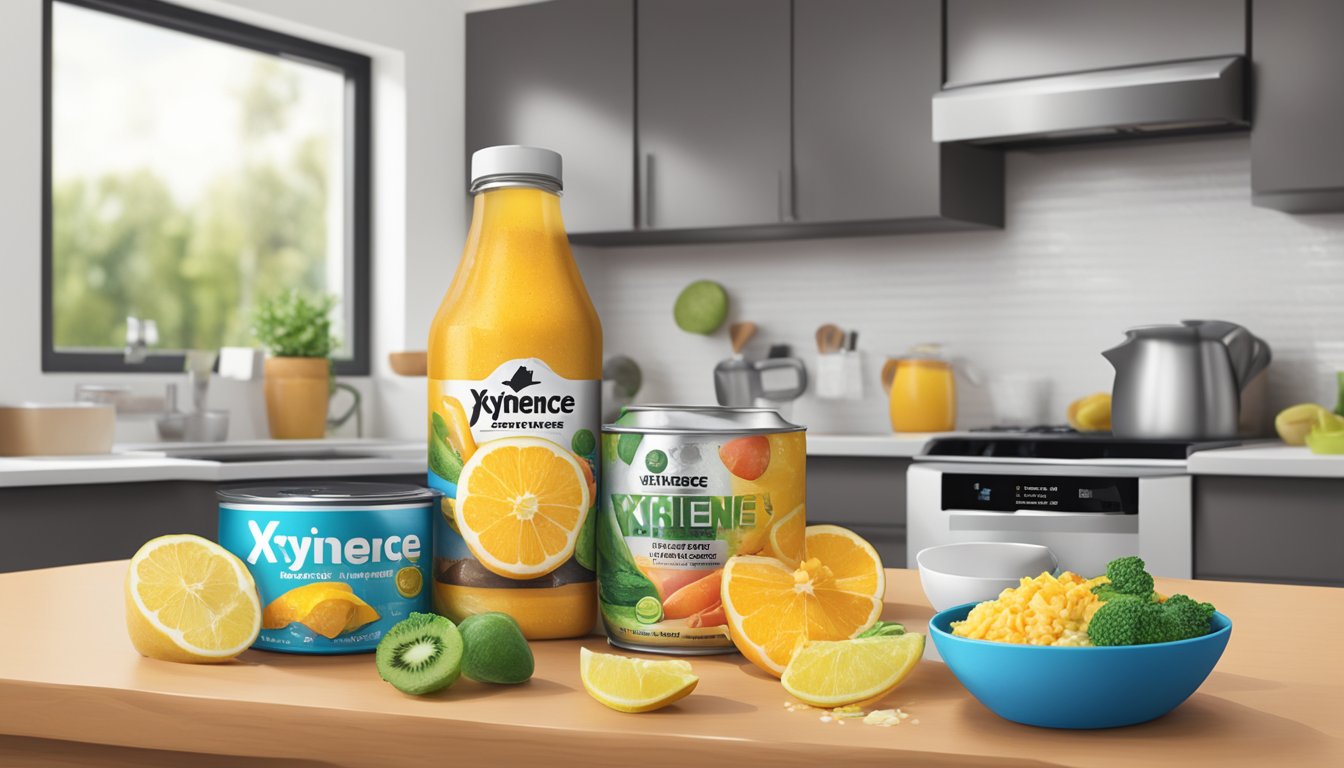 A kitchen counter with assorted cooking ingredients and a can of Xyience energy drink being poured into a mixing bowl