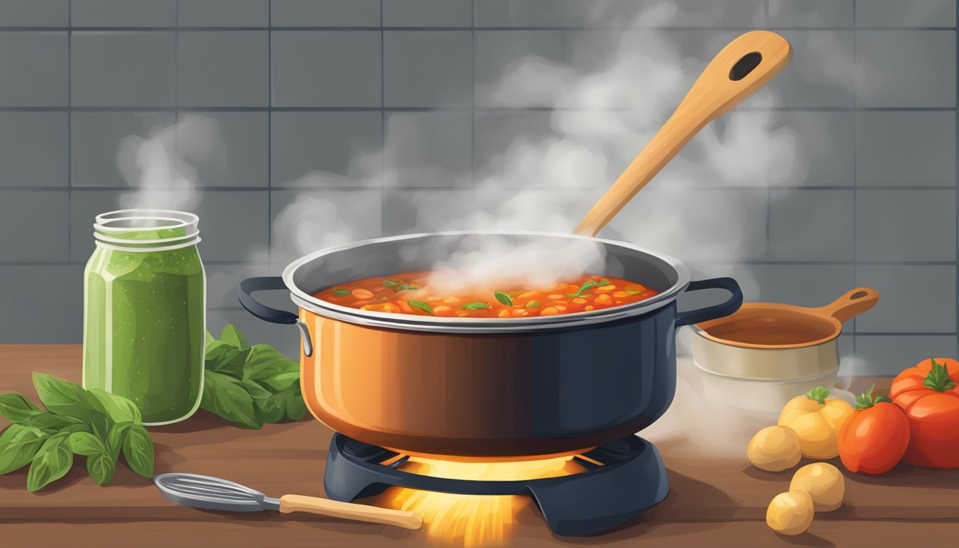 A pot of ragu sauce simmering on the stove, with steam rising and a wooden spoon resting on the edge