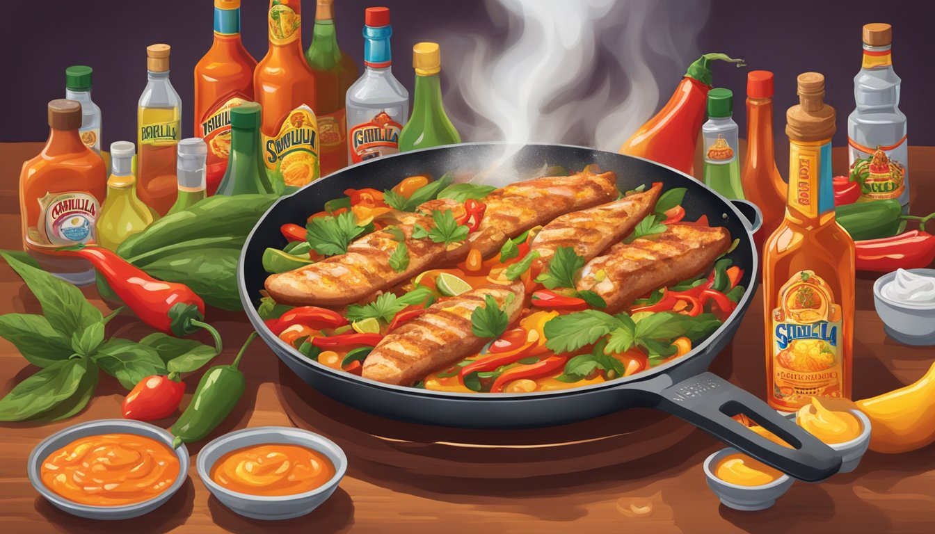 A sizzling skillet with various dishes being drizzled with Cholula hot sauce, surrounded by vibrant bottles and a fiery pepper plant