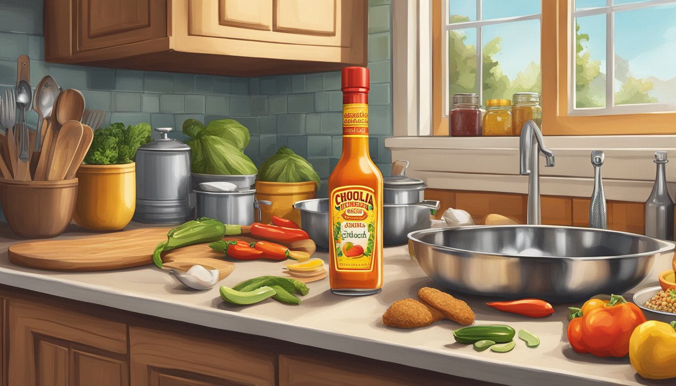 A kitchen counter with a bottle of Cholula hot sauce, surrounded by various cooking utensils and ingredients