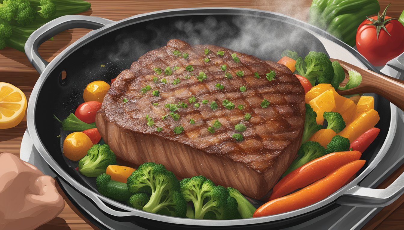 A hand sprinkling Lawry's Seasoned Salt onto a sizzling skillet of seasoned meat and vegetables