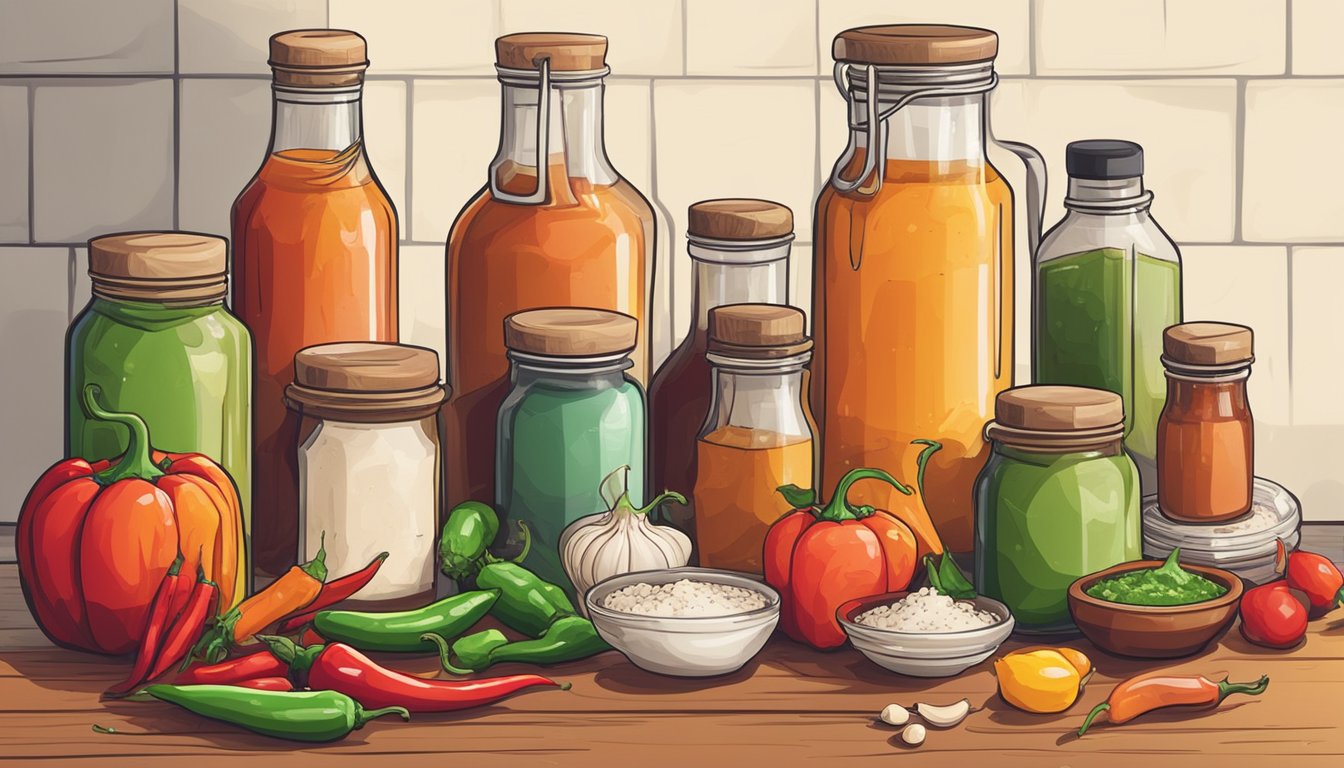 A variety of homemade hot sauces in different colored bottles, surrounded by fresh chili peppers, garlic, and other cooking ingredients on a kitchen counter