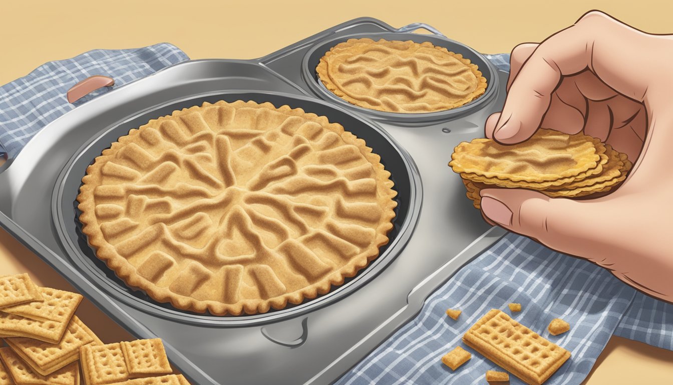 A hand pressing Keebler crackers into a pie tin for a crumbly crust