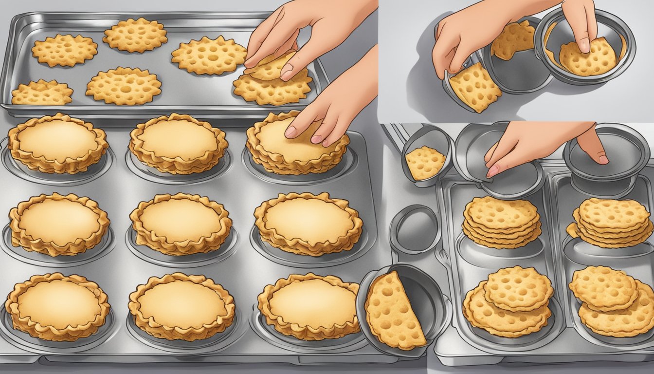 A hand pressing Keebler crackers into a pie tin, then placing it in the oven to bake