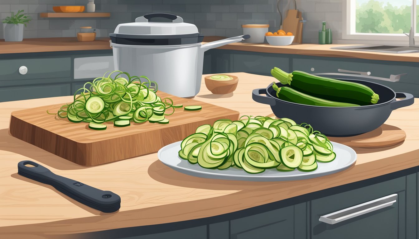 A countertop with a spiralizer, cutting board, and fresh zucchini. A pot of boiling water and a skillet with sauce sit nearby