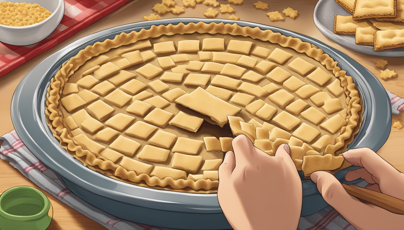 A hand pressing Keebler crackers into a pie dish for a crumbly crust