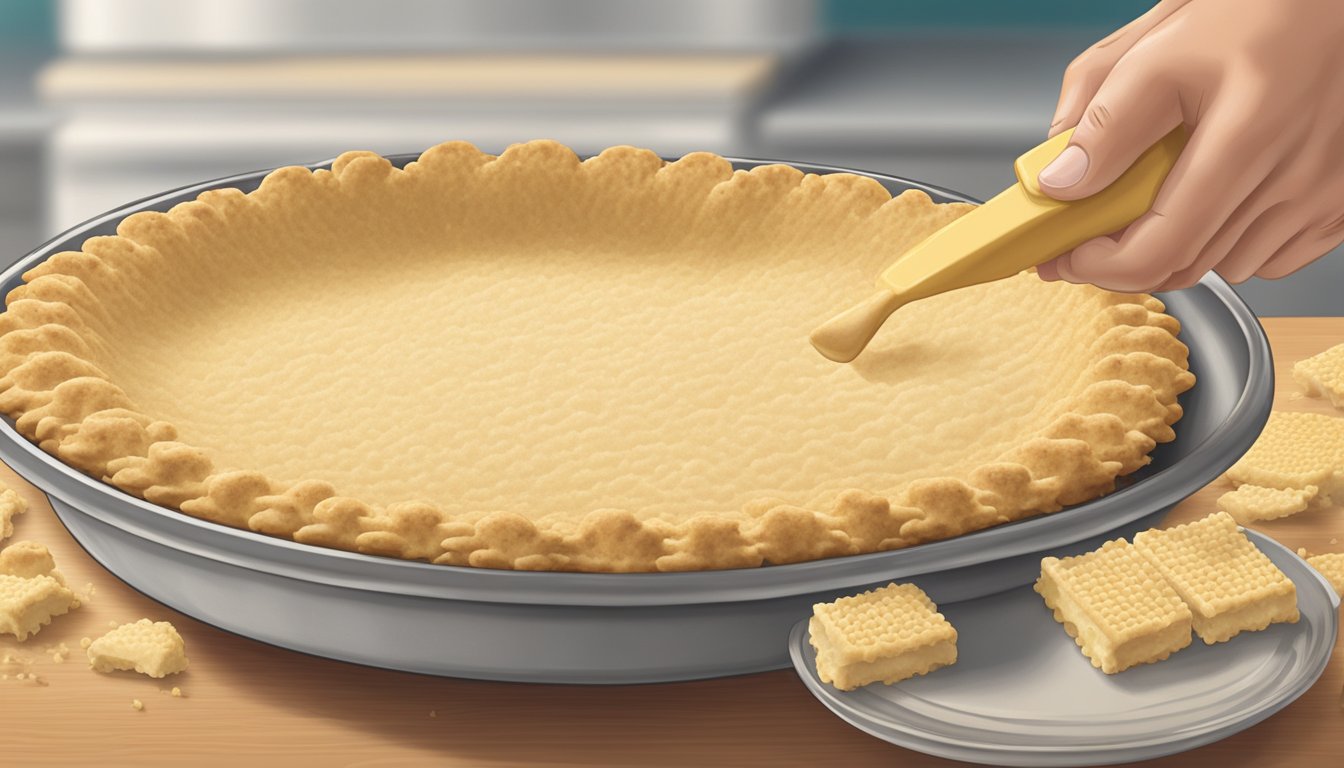 A rolling pin presses Keebler crackers into fine crumbs for a pie crust. Butter is melted and mixed in, then pressed into a pie dish