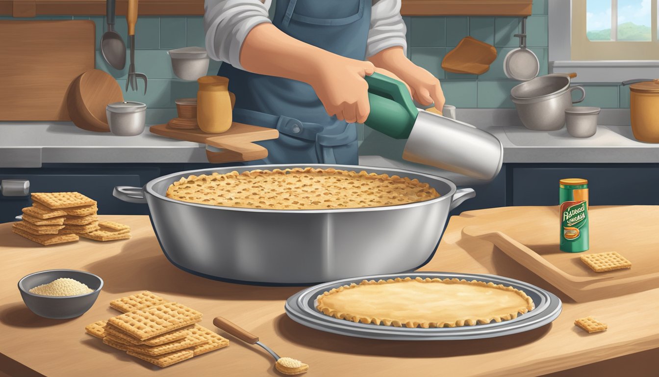 A hand presses Keebler crackers into a pie dish for a crumbly crust. Ingredients and kitchen tools surround the workspace