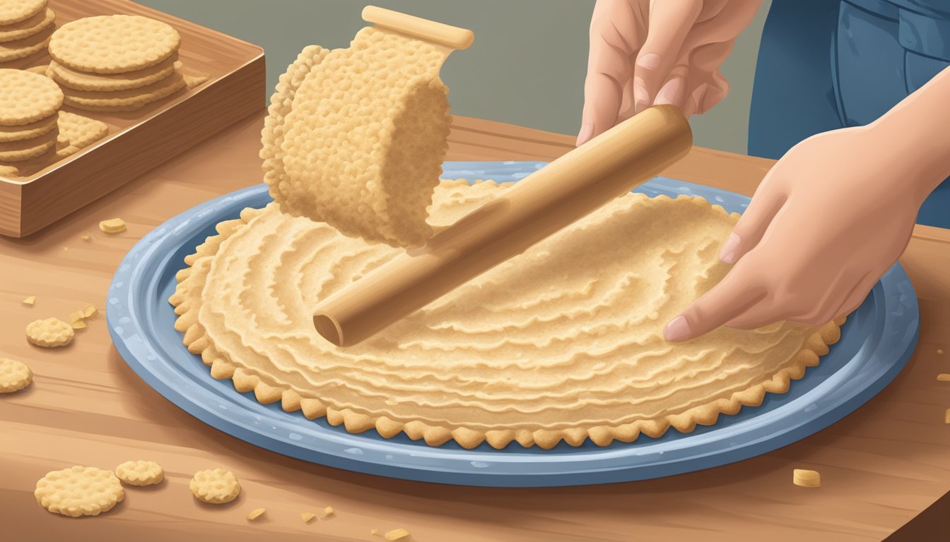 A hand holding a rolling pin crushes Keebler crackers into fine crumbs for a pie crust