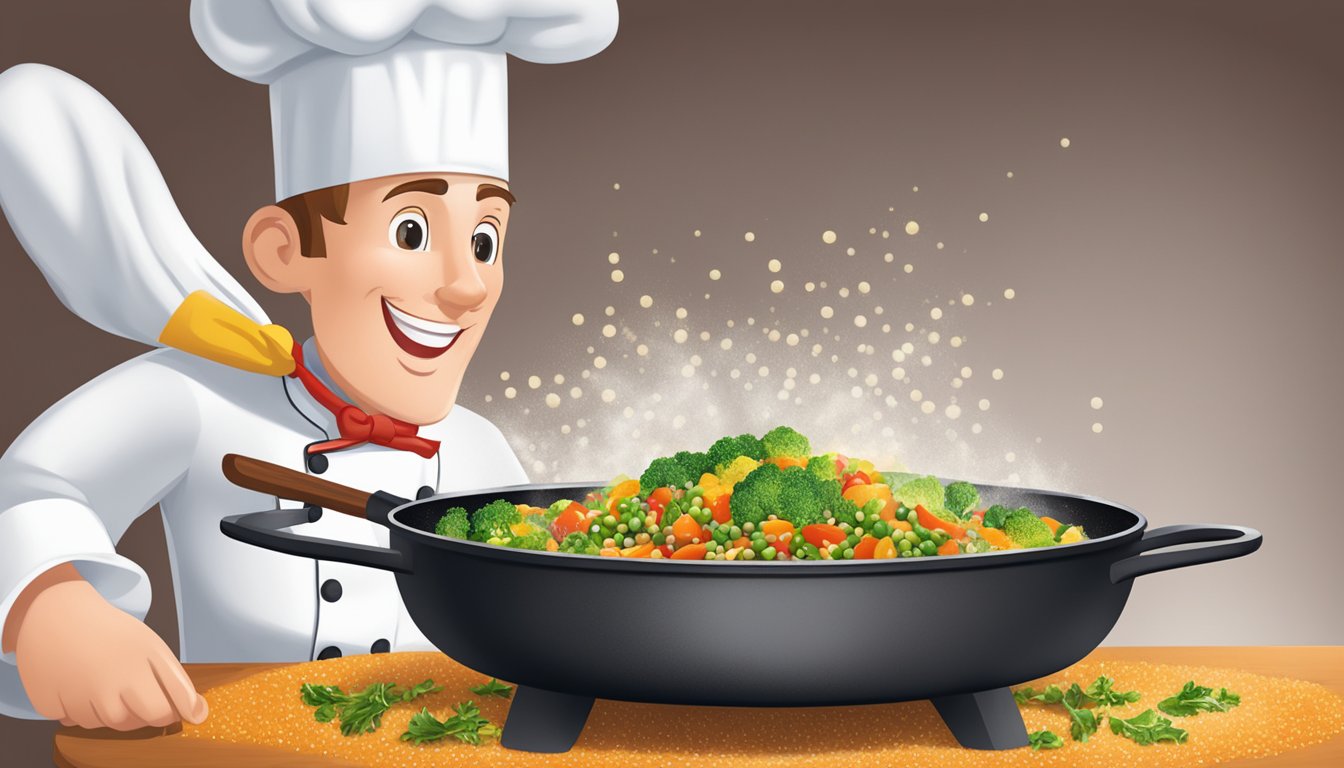 A chef sprinkles Lawry's seasoned salt over a sizzling skillet of vegetables, adding savory flavor to the dish