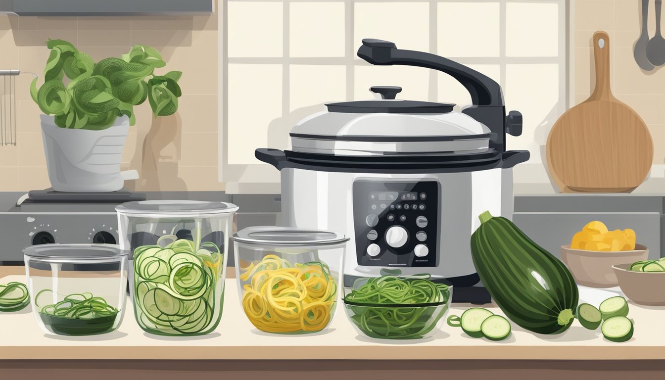 A kitchen scene with a spiralizer, zucchini, pot, and stove. Zoodles being cooked and stored in glass containers