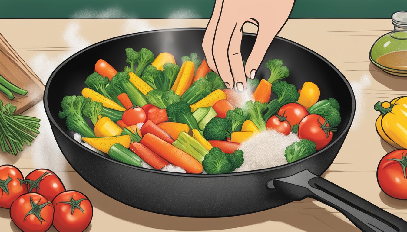 A hand sprinkling Lawry's Seasoned Salt onto a sizzling skillet of vegetables