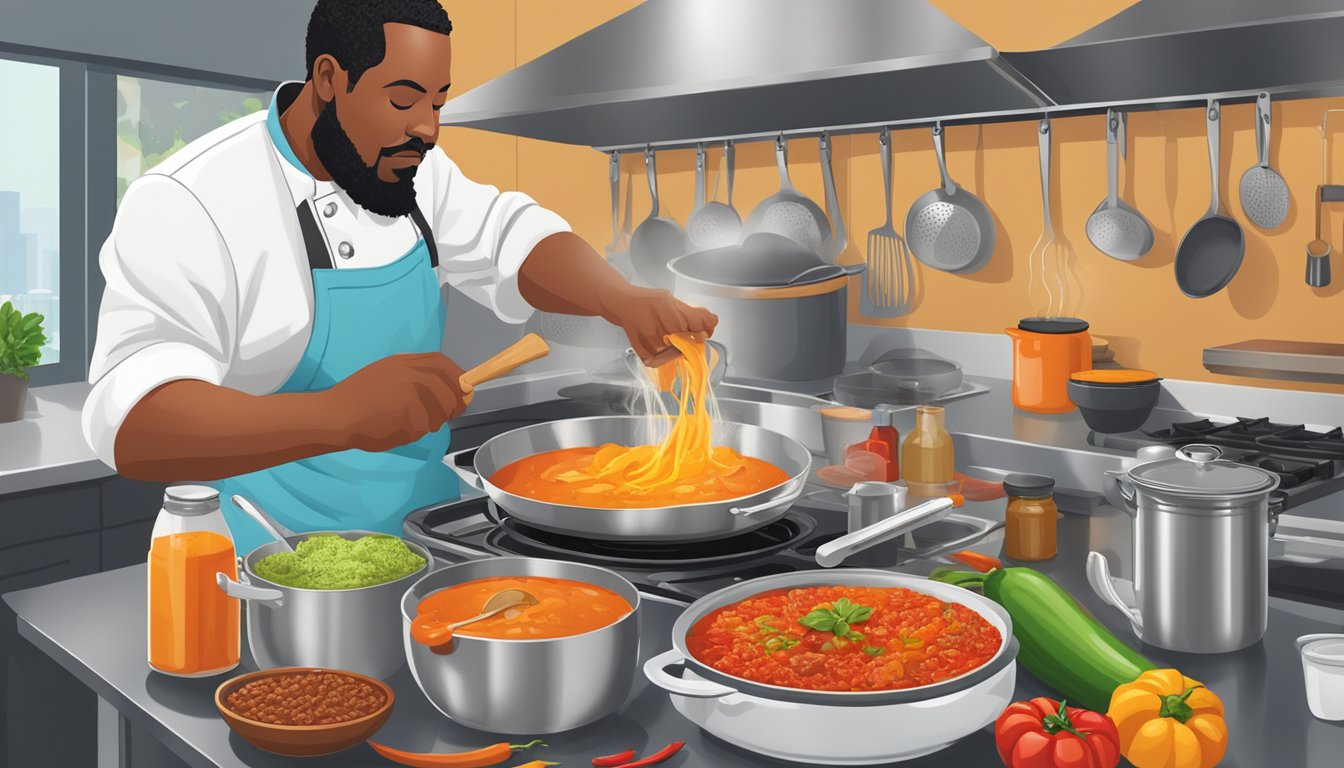 A chef pours Gatorade into a simmering pot of chili, surrounded by various cooking ingredients and utensils on a kitchen counter