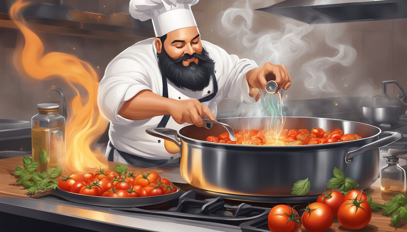 A chef pours vodka into a sizzling pan of tomatoes, garlic, and herbs, creating a burst of flame and aroma