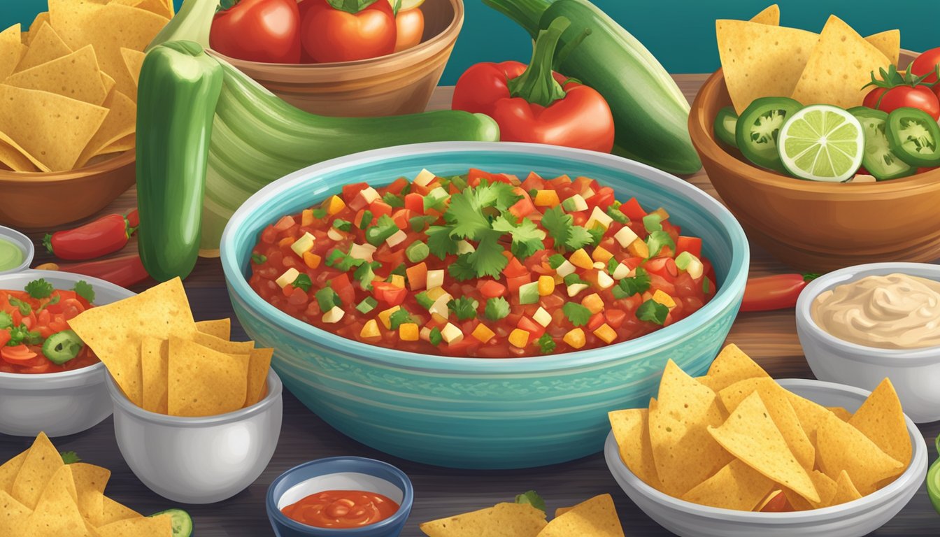 A bowl of Tostitos salsa surrounded by tortilla chips, fresh vegetables, and other dip ingredients on a table set for a party