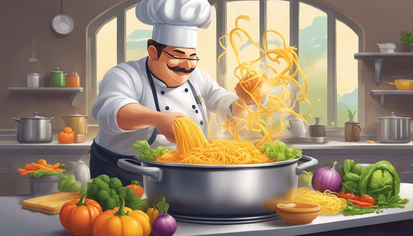 A chef pours Gatorade into a pot of boiling water, adding pasta and vegetables, creating a colorful and flavorful dish