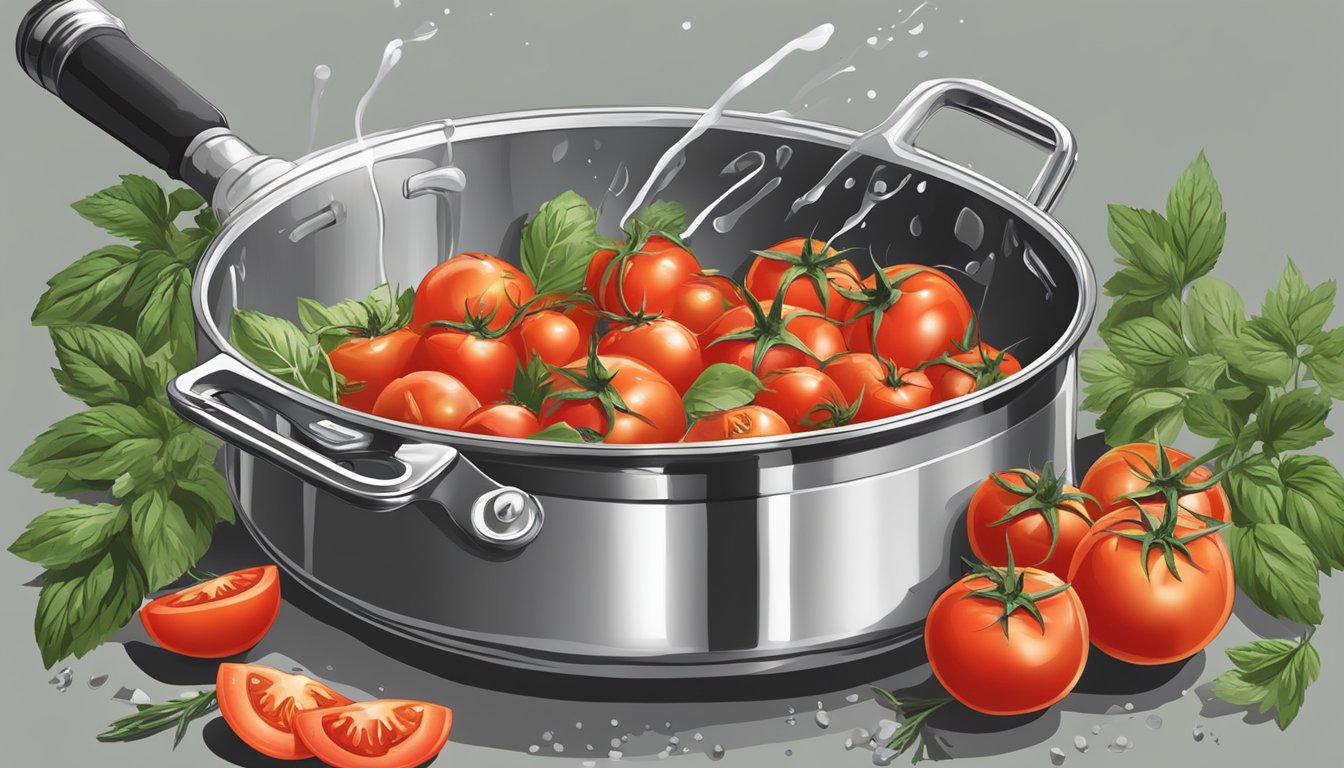 A bottle of vodka pouring into a sizzling pan of tomatoes and herbs