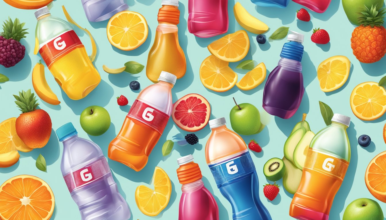 A table with various Gatorade bottles, fruits, and mixing tools for creating unique drink recipes