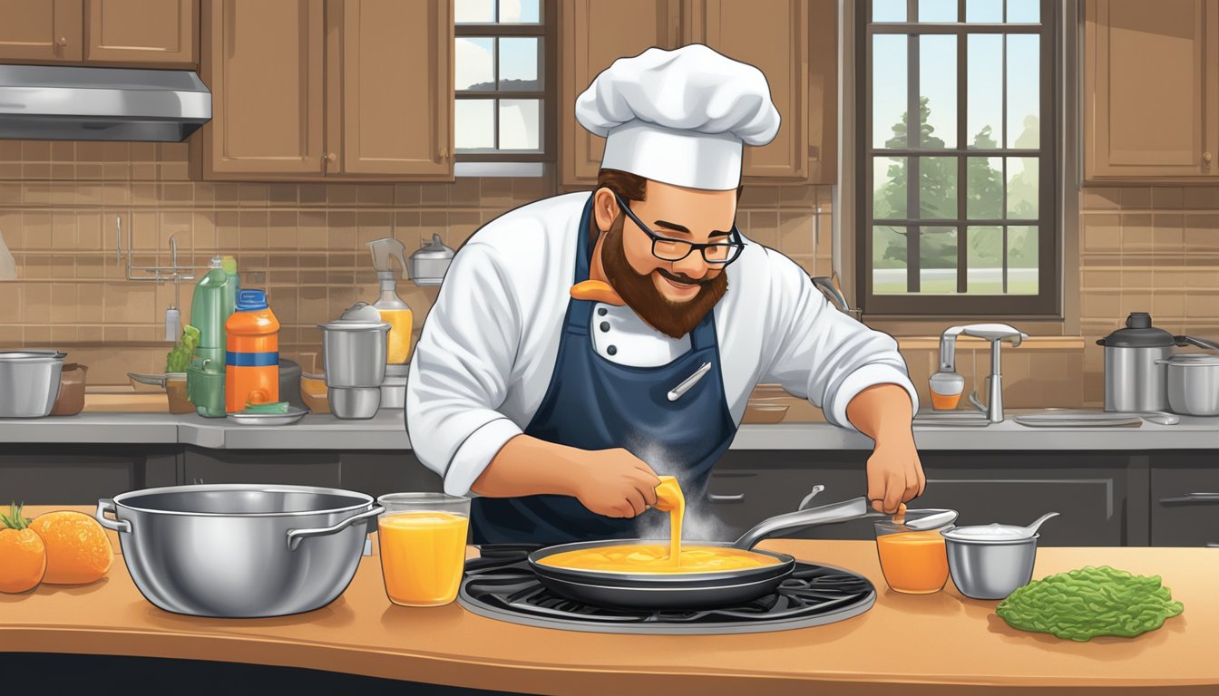 A chef pours Gatorade into a sizzling skillet, while a mixing bowl on the counter contains Gatorade-infused batter for a sweet dish