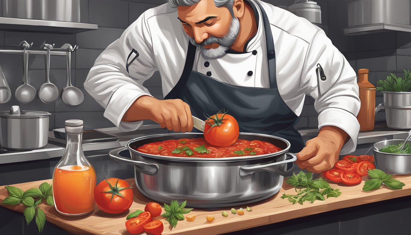 A chef pouring vodka into a sizzling pan of tomatoes and herbs, creating a spirited sauce